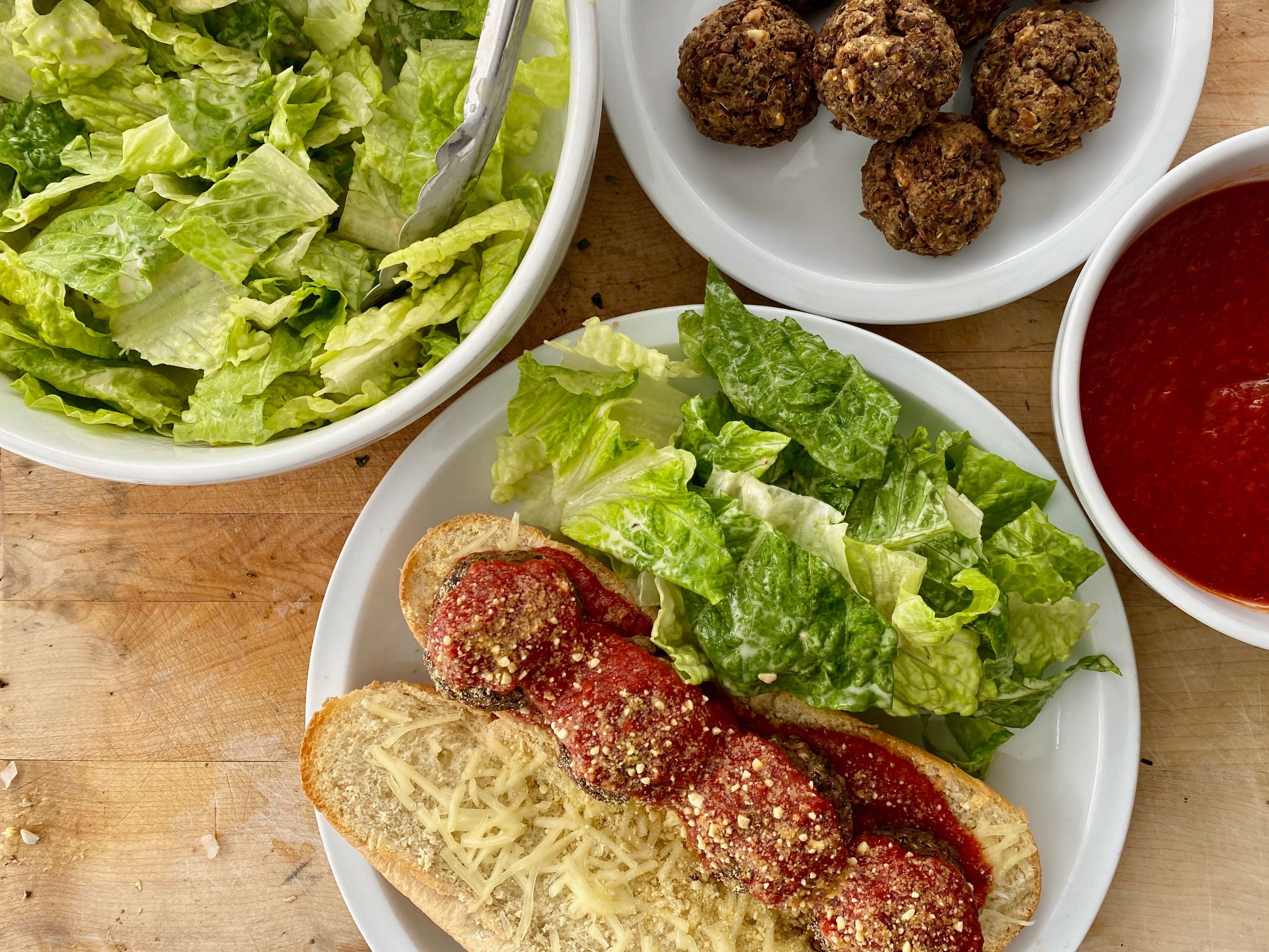 Mushroom Meatball Subs with Caesar Salad Crisper