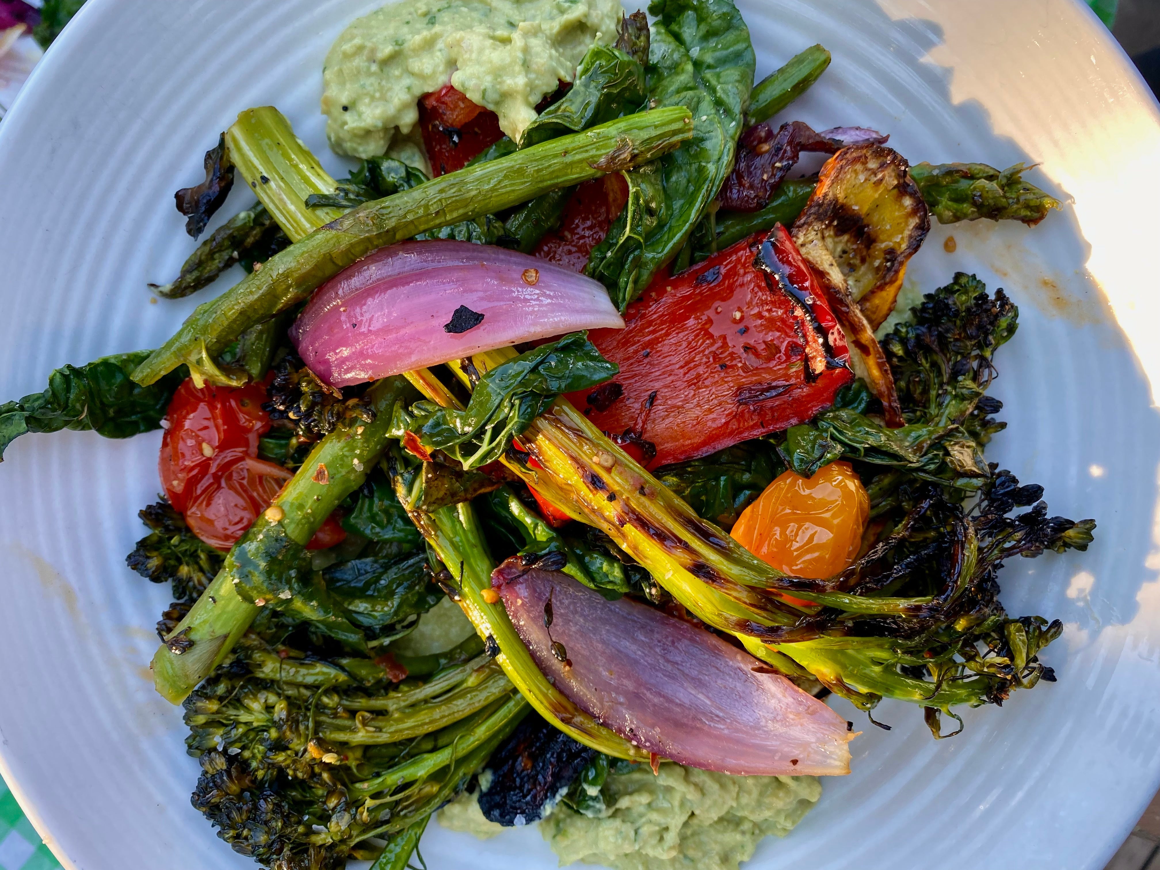 Spicy Grilled Vegetables over Basil Lemon Chickpea Mash Crisper