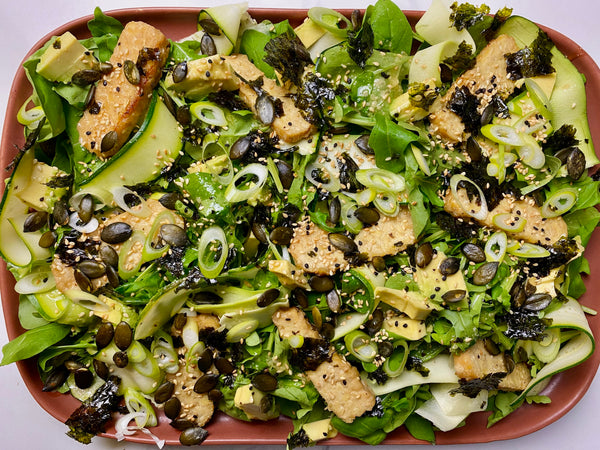 4. Sesame Ginger Arugula & Avocado Salad with Baked Tempeh