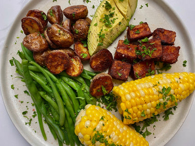 1. Sheet Pan BBQ Tofu with Roast Potatoes, Corn & Green Beans