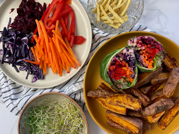 Collard Green Hummus Wraps with Sweet Potato Wedges
