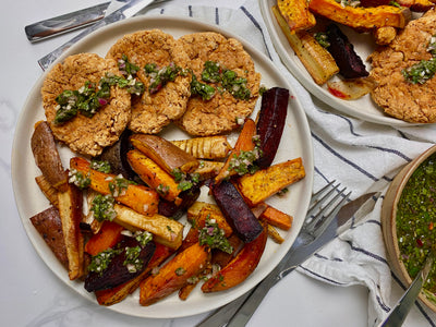 3. Crispy White Bean Patties with Roasted Root Vegetables and Chimichurri