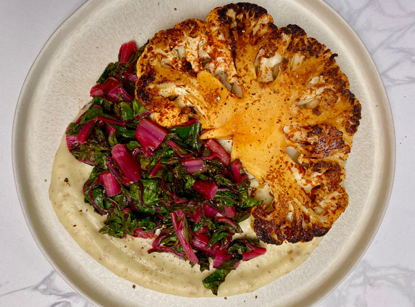 4. Harissa Cauliflower Steaks with Sautéed Lemony Greens & Potato Puree