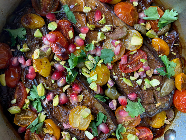 Harissa Roasted Eggplant with Pomegranate, Olives & Pistachios over Rice