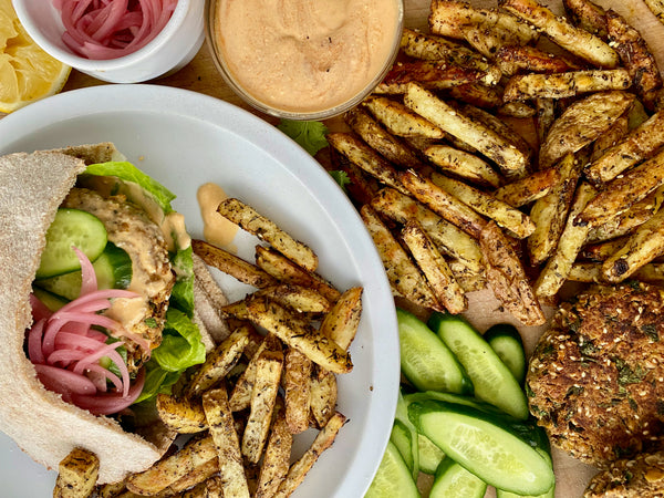 Loaded Falafel Burgers with Za’atar Spiced Fries