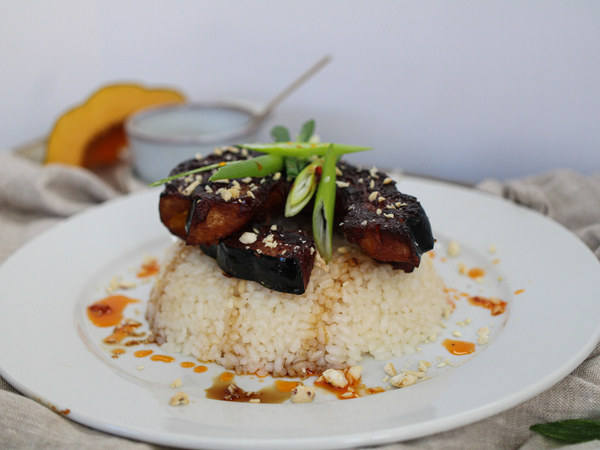 1. Braised Miso Squash over Sticky Sesame Sushi Rice