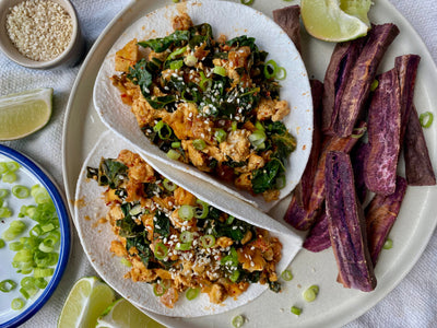 4. Kimchi Tofu Scramble Tacos with Sweet Potato Wedges