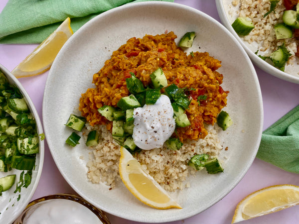 Moroccan Spiced Red Lentils with Cauliflower Rice and Cucumber Salad