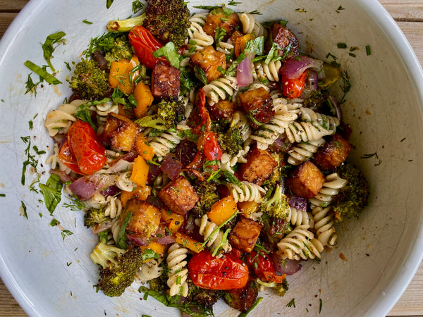 Herby Roasted Vegetable Pasta Salad with Tempeh Bacon