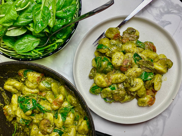 Pesto Gnocchi with Mushrooms, Spinach and Burst Tomatoes
