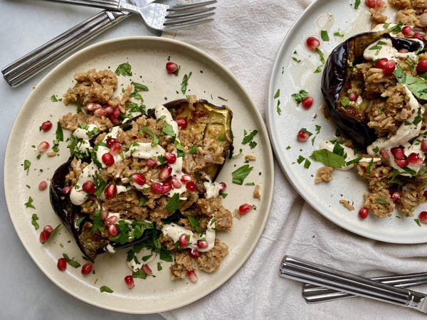 Ras el Hanout Lentil & Rice Stuffed Eggplant