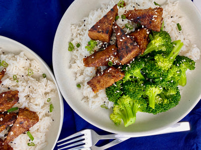 Sticky Sesame Ginger Tempeh with Coconut Rice & Steamed Broccoli