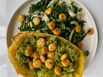 5. Spaghetti Squash with Kale Pesto & Garlic Roasted Lupini Beans
