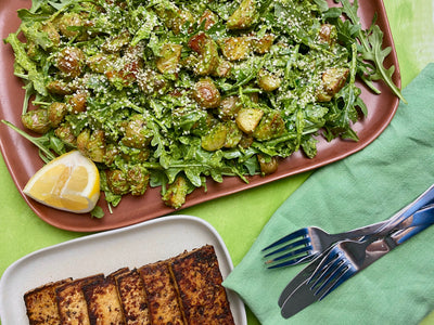 5. Roasted Pesto Potato Arugula Salad with Marinated Tofu Steaks
