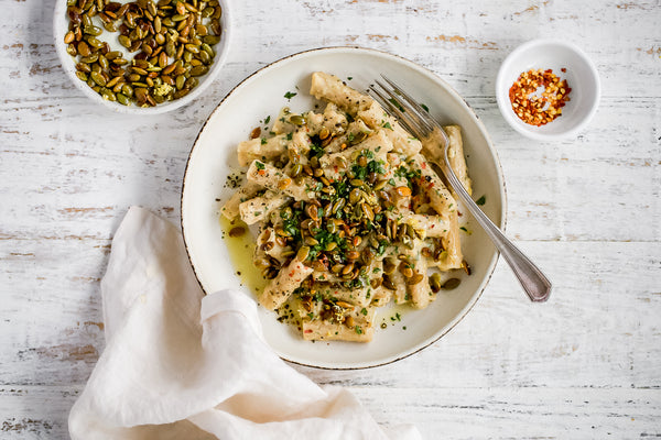Creamy White Bean Pasta with Toasted Pumpkin Seeds
