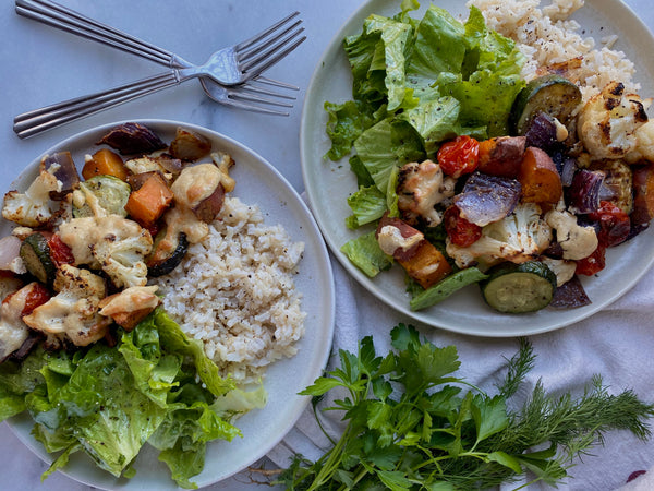 Garlicky Tahini Vegetable Tray Bake with Herby Salad & Brown Rice
