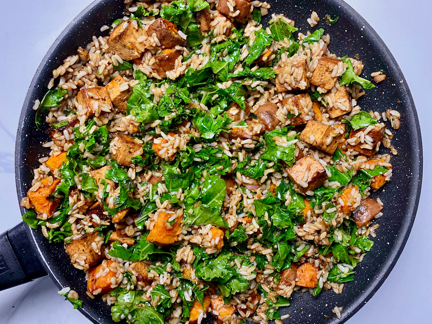 Saluted Rice 4. Balsamic Kale & Sweet Potato Sautéed Rice with Crispy Marinated Tof ...