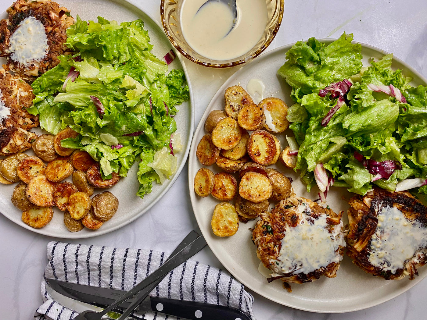 Jackfruit 'Crab' Cakes with Spring Greens and Roasted Potatoes