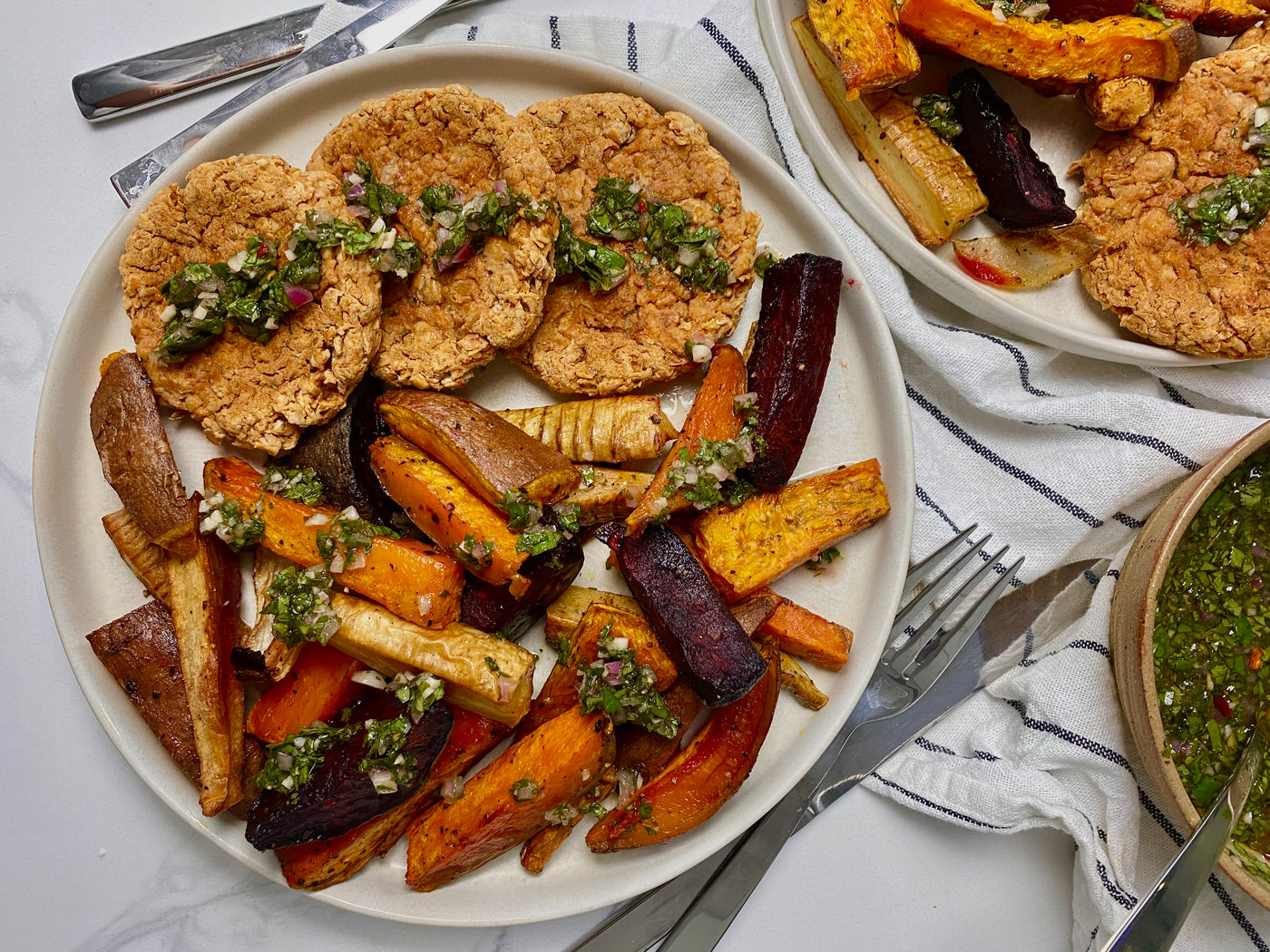 Crispy White Bean Patties with Roasted Root Vegetables and Chimichurri
