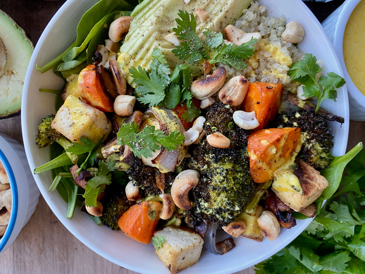 Roasted Tofu, Vegetables & Quinoa Cashew Bowl with Ginger Turmeric Miso Sauce