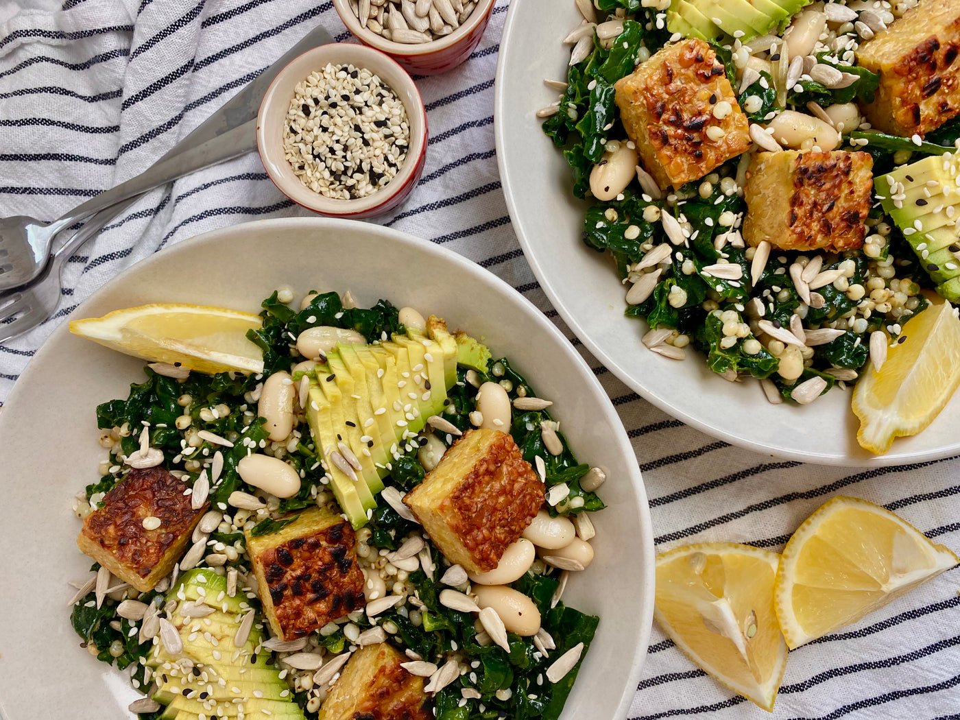 Lemony Kale, White Bean & Avocado Salad with Couscous and Tempeh
