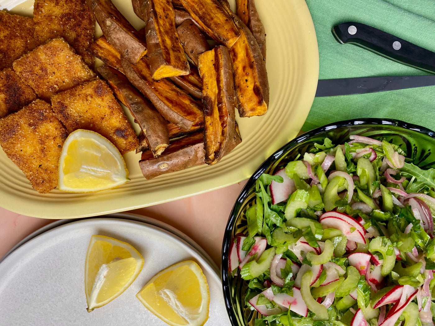 Schnitzel with Crunchy Salad and Sweet Potato Wedges