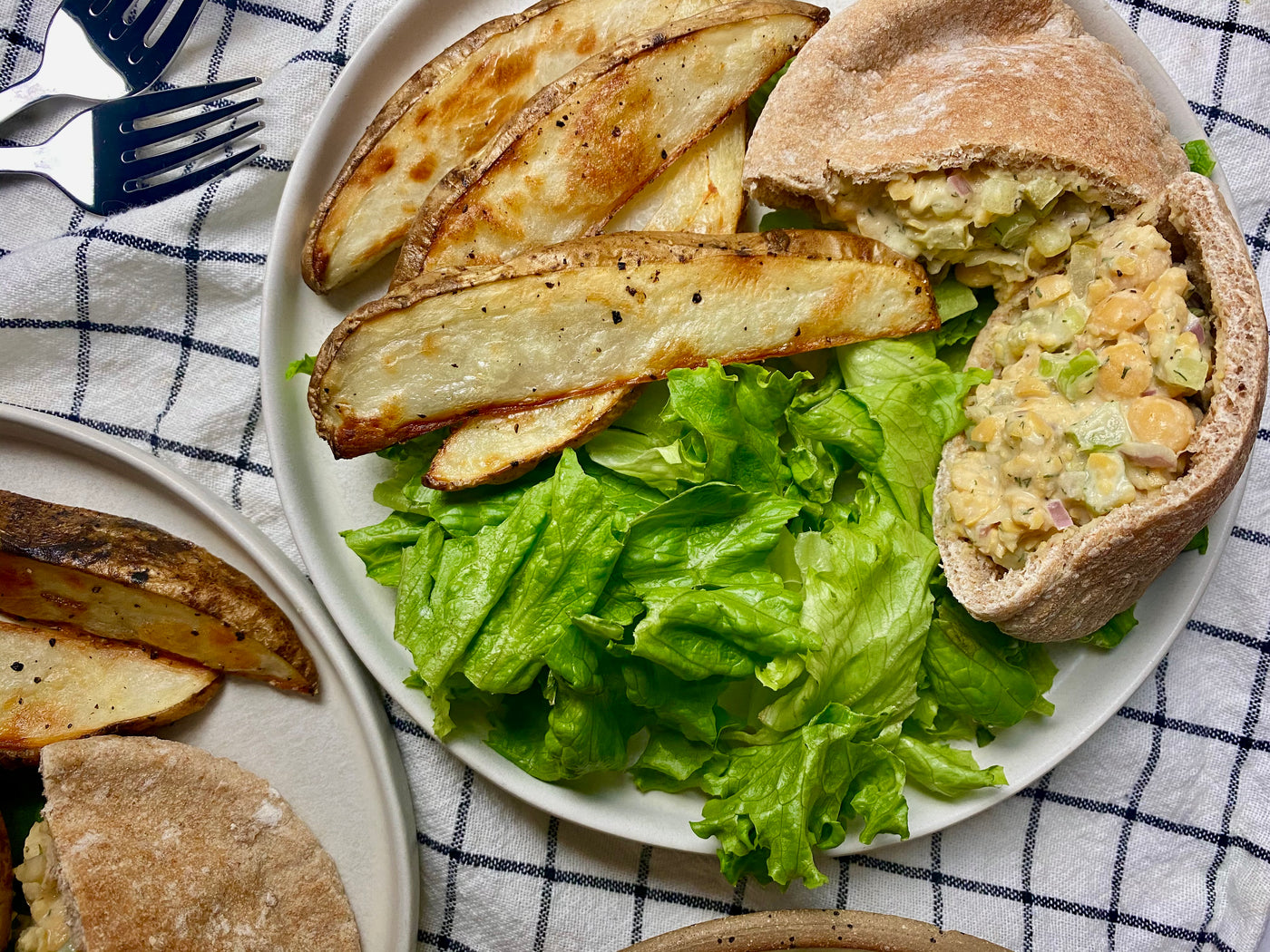 Smashed Chickpea Pitas with Potato Wedges and Greens