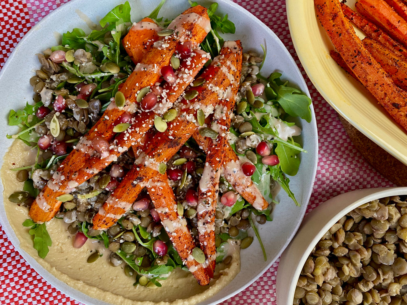 Spicy Roasted Carrots with Arugula and Lentil Salad